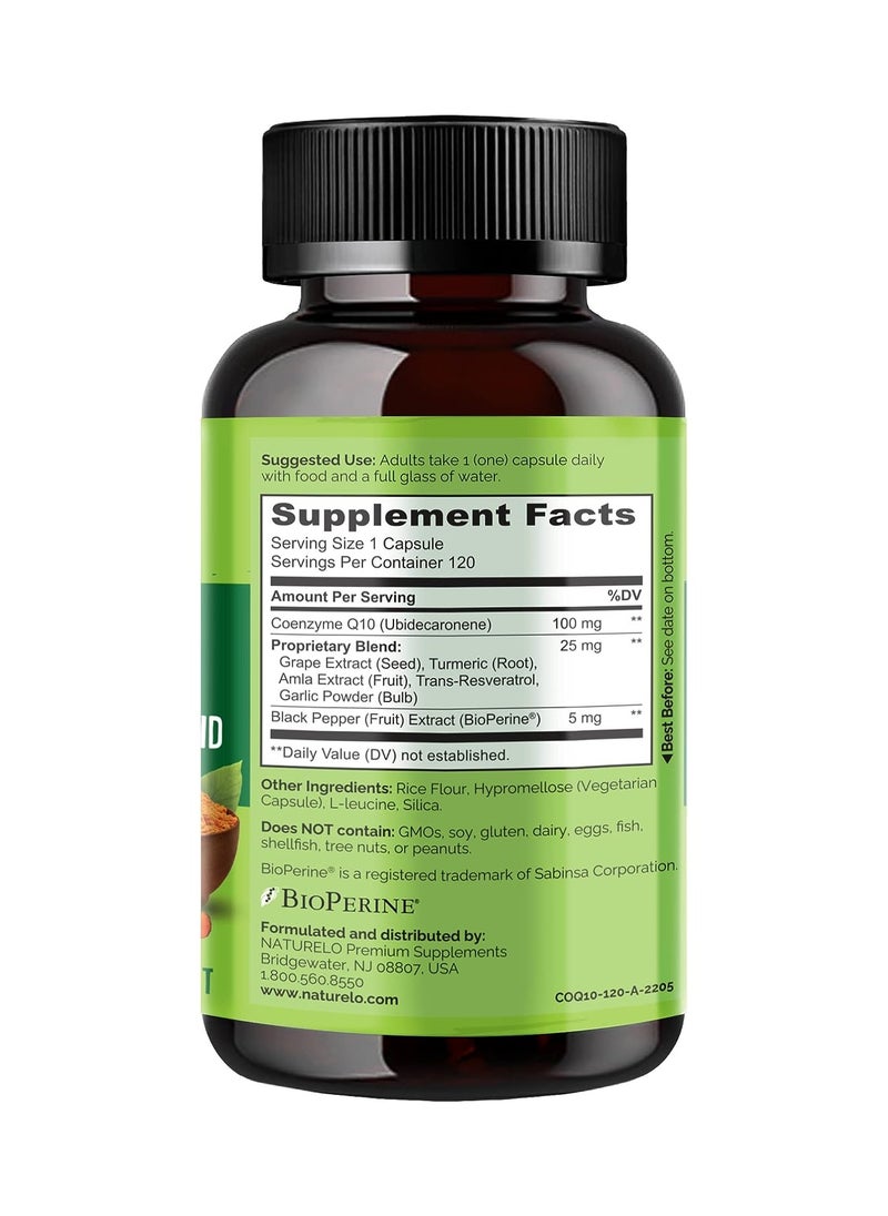 NATURELO - CoQ10 Whole Food Heart Health Blend - Enhanced Absorption To Support Heart Health And Energy Production Dietary Supplement 120 Vegetarian Capsules - Image 1