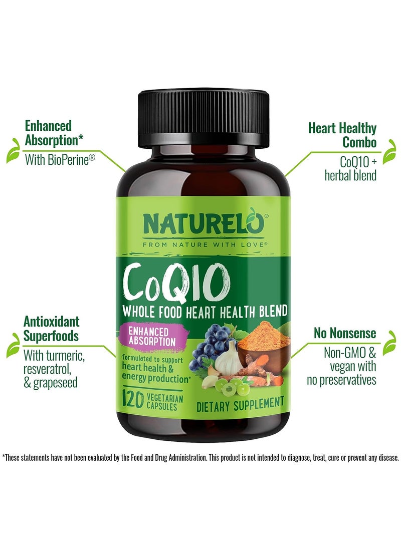 NATURELO - CoQ10 Whole Food Heart Health Blend - Enhanced Absorption To Support Heart Health And Energy Production Dietary Supplement 120 Vegetarian Capsules - Image 1
