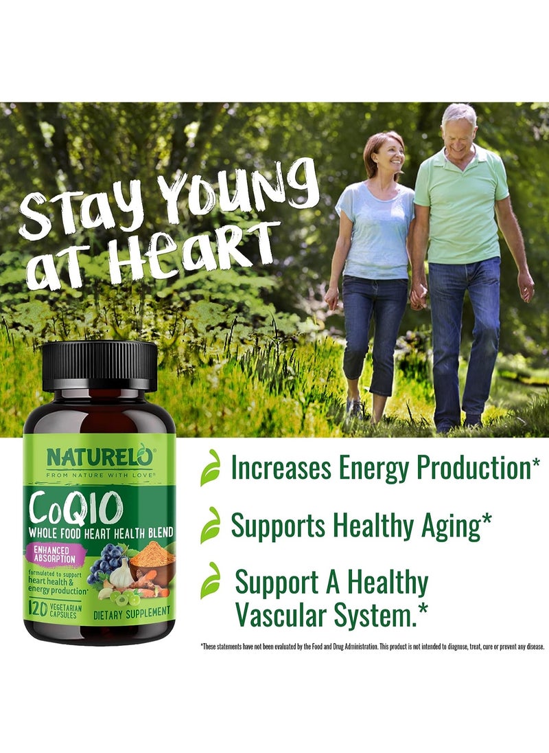 NATURELO - CoQ10 Whole Food Heart Health Blend - Enhanced Absorption To Support Heart Health And Energy Production Dietary Supplement 120 Vegetarian Capsules - Image 1