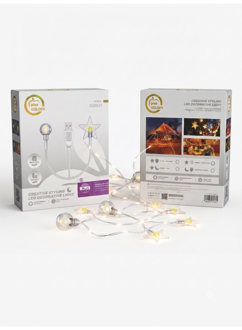 LED Decorative String Lights 6m 40 LEDs USB Warm White for Bedroom Party Camping - Image 3