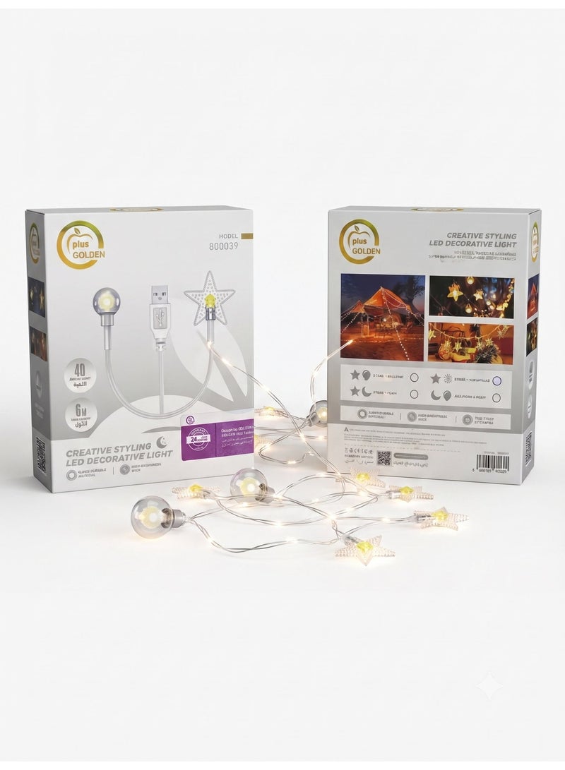 LED Decorative String Lights 6m 40 LEDs USB Warm White for Bedroom Party Camping - Image 2