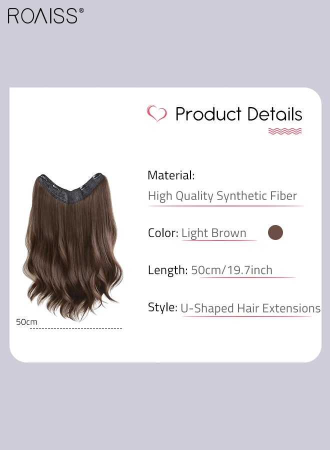 roaiss U-Shaped Light Brown Hair Extensions, One Piece Wavy Hair Extension with 4 Clips, Heat Resistant Synthetic Hairpiece for Women Girls, 50cm (19.7 inches) - Image 3