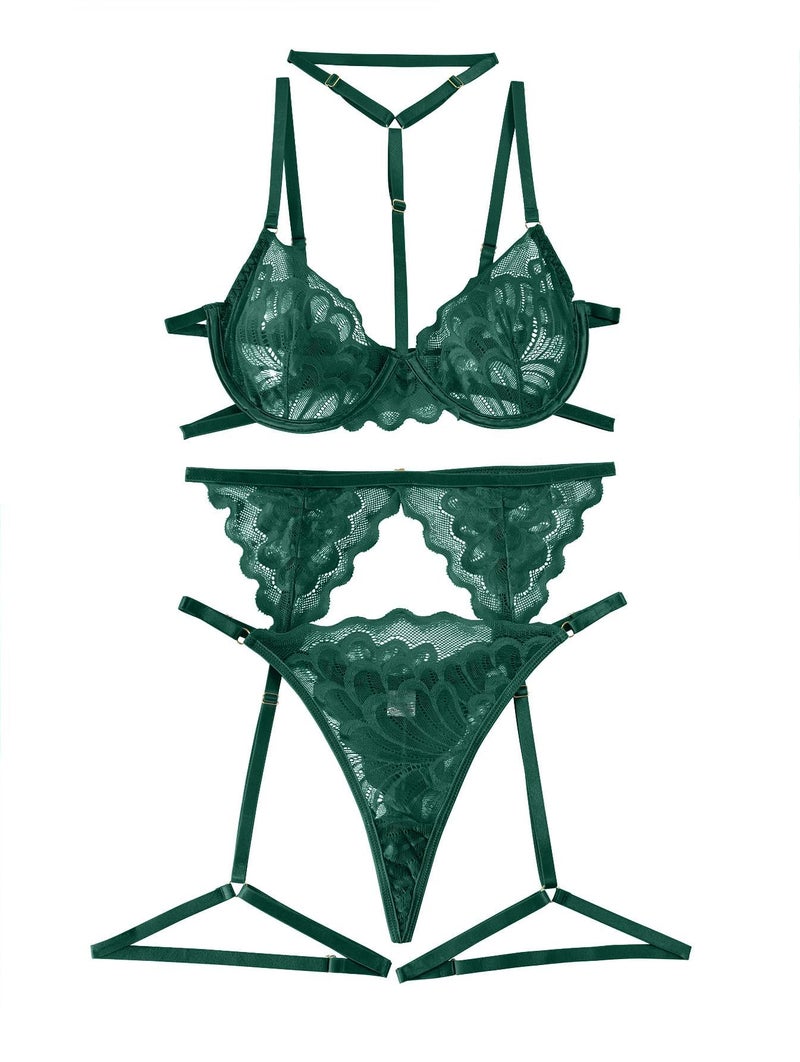 Lilosy Sexy Choker Floral Lace Scallop Sheer Underwire Push Up Garter Belt Lingerie Set 3 Piece for Women See Through Bachelorette Bra and Panty Army Green Medium - Image 3