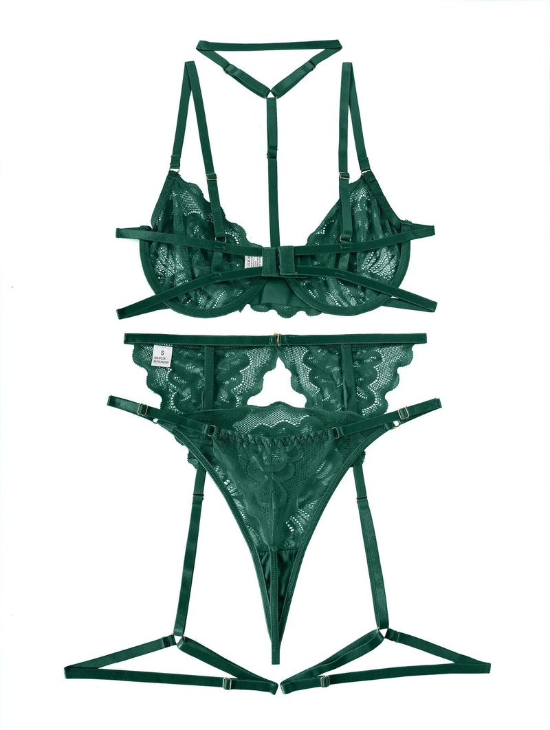 Lilosy Sexy Choker Floral Lace Scallop Sheer Underwire Push Up Garter Belt Lingerie Set 3 Piece for Women See Through Bachelorette Bra and Panty Army Green Medium - Image 4