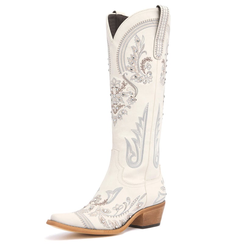 vodvob Western Cowboy Boots for Women Embroidered Rhinestones Knee High Cowgirl Boots Pointed Toe Chunky Heel Fashion Retro Classic Tall Boot - Image 1