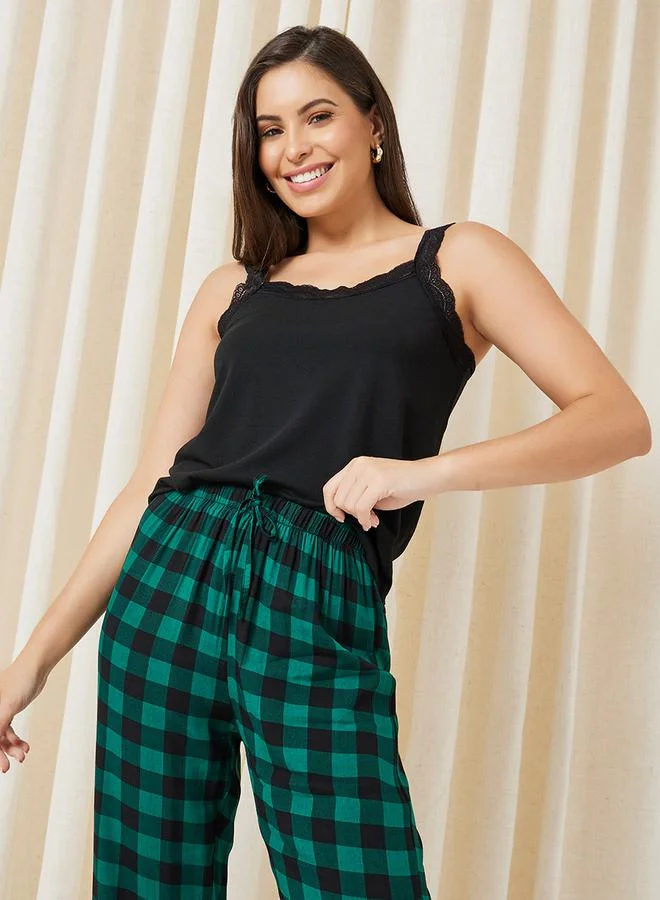 Styli Pack of 3 - Lace Trim Cami, Solid T-Shirt & Checked Pyjama Set