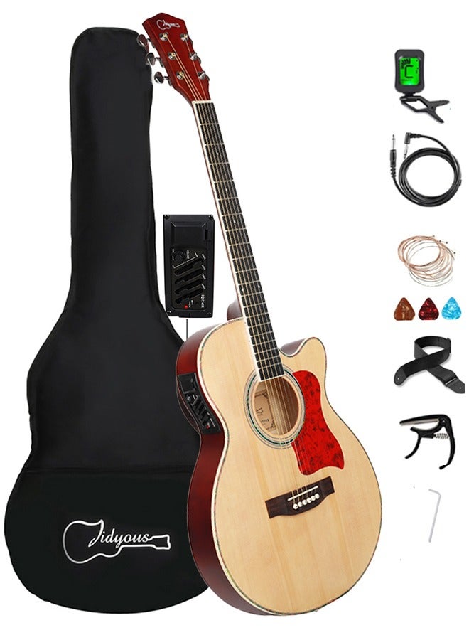 40 Inch Electric Acoustic Guitar Kit for Beginners Adults Full Siz Bundle Set with Pickups Bag Tuner Strap Capo Picks and Cable,Natural
