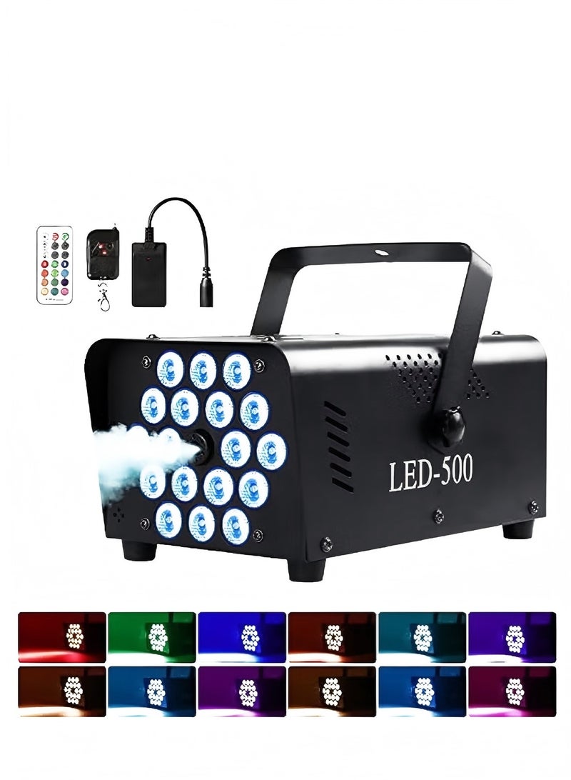 يي تشوان آلة الضباب مع ضوء 18 LED آلة خارجية للحفلات الزفاف، آلة ضباب 13 لونًا داخلية مع 2 جهاز تحكم عن بعد لاسلكي، آلة ضباب خارجية 500 وات 2000CFM، مناسبة للحفلات وحفلات الزفاف ومسرح الدي جي، داخلية - Image 1