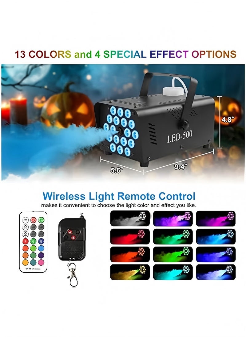 يي تشوان آلة الضباب مع ضوء 18 LED آلة خارجية للحفلات الزفاف، آلة ضباب 13 لونًا داخلية مع 2 جهاز تحكم عن بعد لاسلكي، آلة ضباب خارجية 500 وات 2000CFM، مناسبة للحفلات وحفلات الزفاف ومسرح الدي جي، داخلية - Image 2