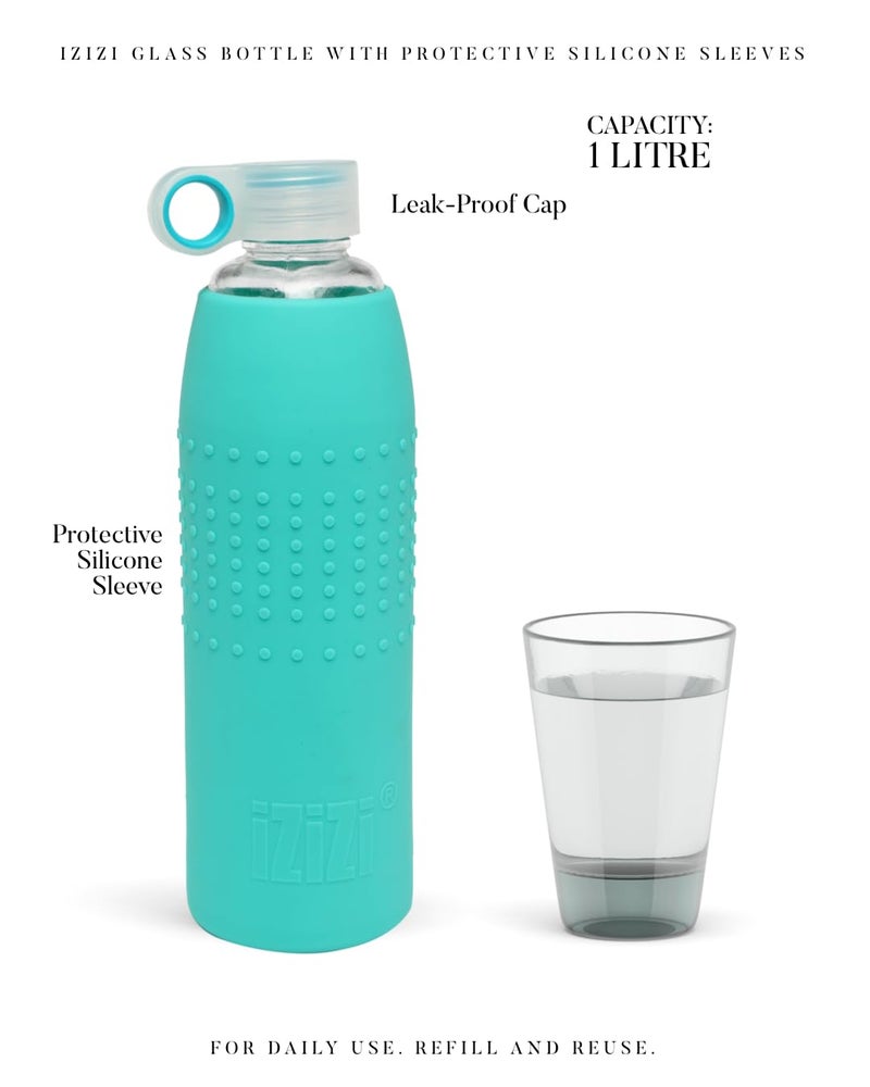 izizi Glass Bottle for water with Protective Silicone Sleeve : Green. Glass water bottle 1000ml … - Image 5