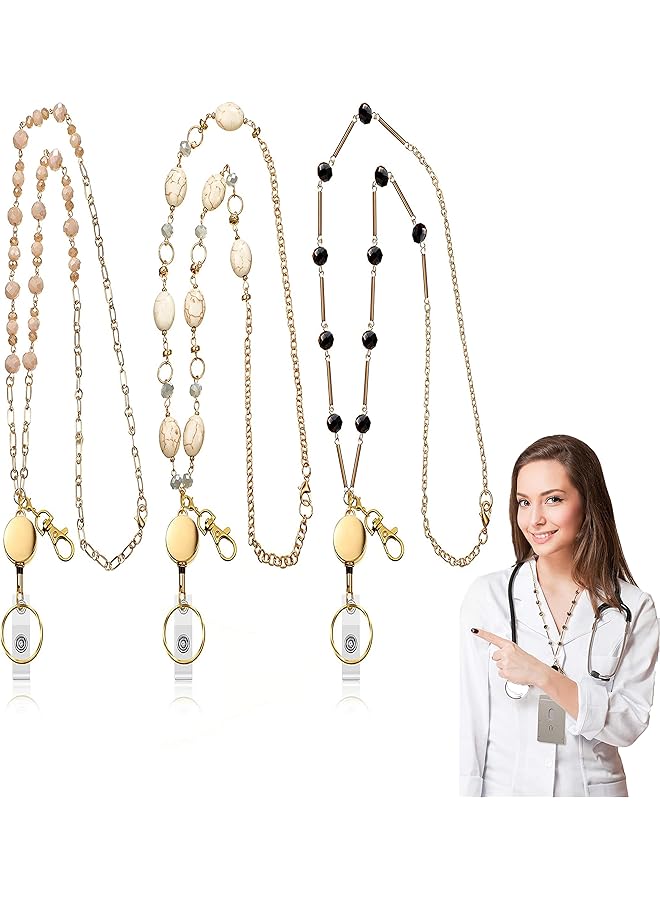 erorex Retractable Badge Reel Lanyard For Id Holder Set 3 Pieces Necklace Name Badge Holder Lanyard Stainless Steel Beaded Chain With Waterproof Name Badge Holder Clip For Mother'S Day Present  - Image 1