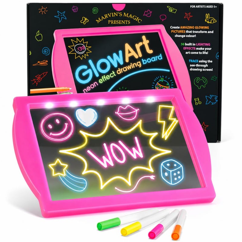 Marvin's Magic Marvins Magic Glow Art Neon LED Drawing Board for Kids Pink Doodle Board with Glow in the Dark Markers Light Up Tracing Pad and Drawing Tablet Mess Free Arts and Crafts Set Ages 5 - Image 4