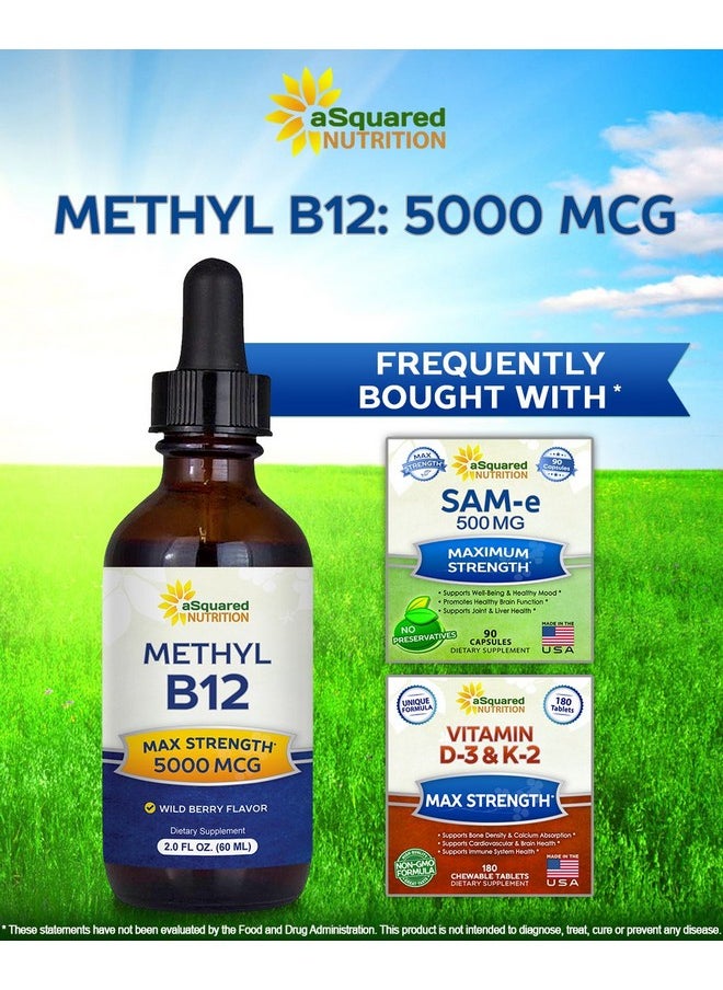 aSquared Nutrition - Vitamin B12 Sublingual Liquid Drops 5000 Mcg Supplement With Methylcobalamin (Methyl B12) Max Absorption B 12 To Increase Energy Vegan Friendly 2 Fl Oz - Image 1