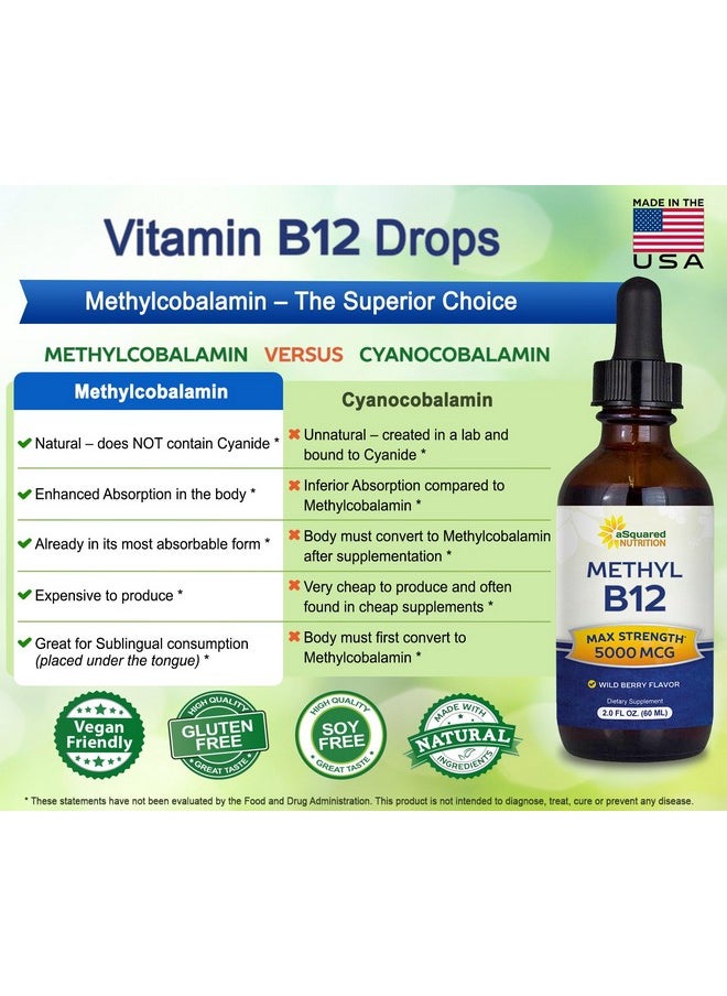 aSquared Nutrition - Vitamin B12 Sublingual Liquid Drops 5000 Mcg Supplement With Methylcobalamin (Methyl B12) Max Absorption B 12 To Increase Energy Vegan Friendly 2 Fl Oz - Image 1