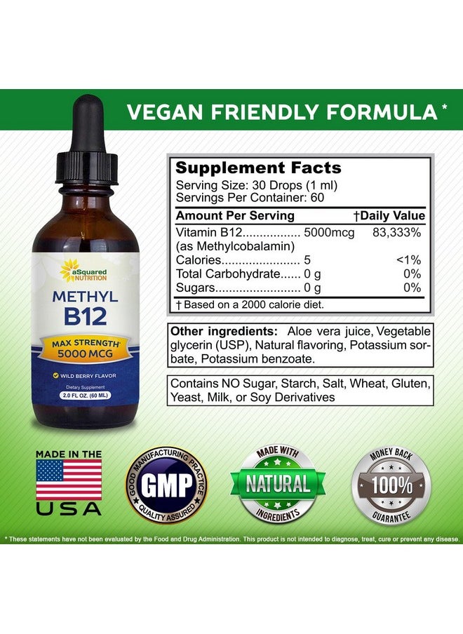 aSquared Nutrition - Vitamin B12 Sublingual Liquid Drops 5000 Mcg Supplement With Methylcobalamin (Methyl B12) Max Absorption B 12 To Increase Energy Vegan Friendly 2 Fl Oz - Image 1
