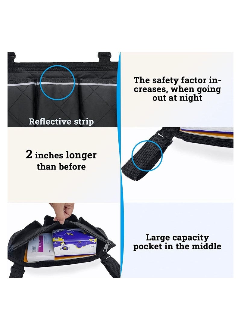 Wheelchair Armrest Accessories Side Bags to Hang on Side with Bright Line Walker Pouches Waterproof Black Storage Fathers Mothers Day Gifts for Home Outdoor Baby Cart  - Image 2