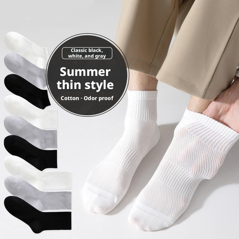 Men's Summer Cotton Thin Short Socks 7A Antibacterial Breathable Mid-Calf Sport Socks - Image 1