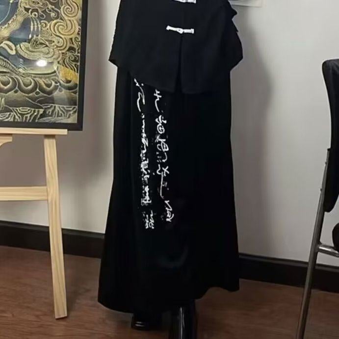 New calligraphy draped wide-leg pants dark Zhongshan suit long-sleeved shirt suit men's and women's new Chinese-style Tang suit - Image 3