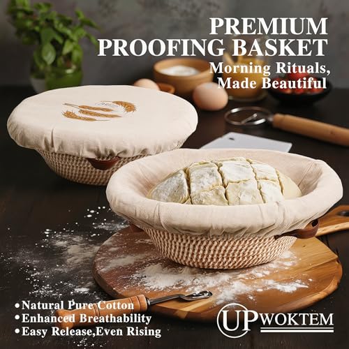 UPwoktem 12 Inch Large Cotton Rope Banneton Bread Proofing Basket Set, 2 Pack Round Sourdough Bread Baking Supplies with Liners & Covers for Artisan Bread Baking - Image 3
