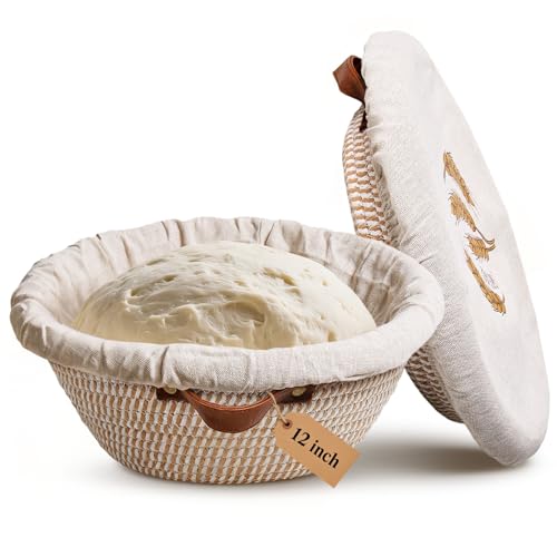 UPwoktem 12 Inch Large Cotton Rope Banneton Bread Proofing Basket Set, 2 Pack Round Sourdough Bread Baking Supplies with Liners & Covers for Artisan Bread Baking - Image 1