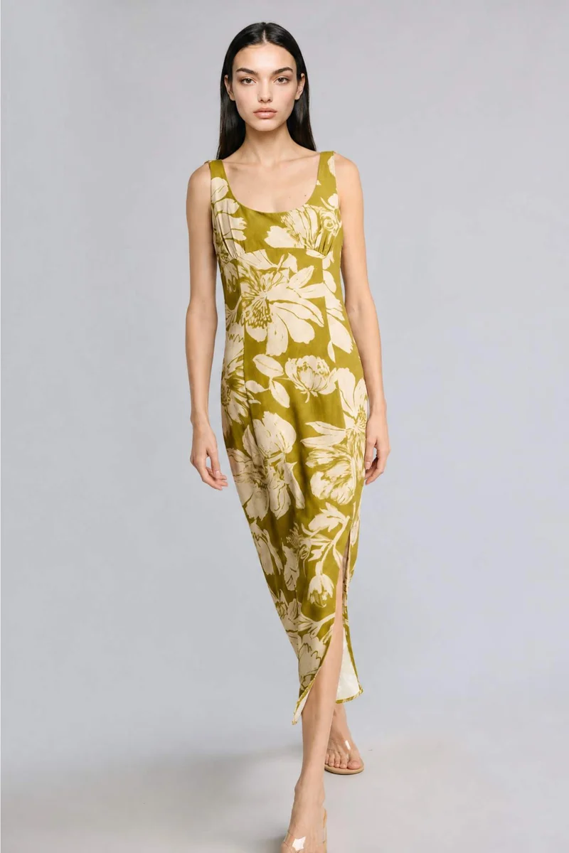 ديفاكتو Regular Fit Heart Collar Printed Linen Blended Sleeveless Midi Dress