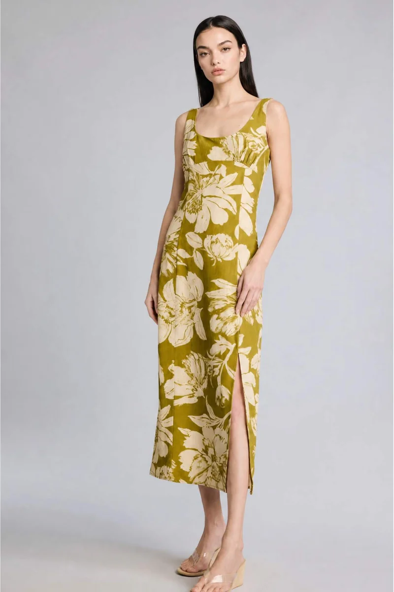 ديفاكتو Regular Fit Heart Collar Printed Linen Blended Sleeveless Midi Dress