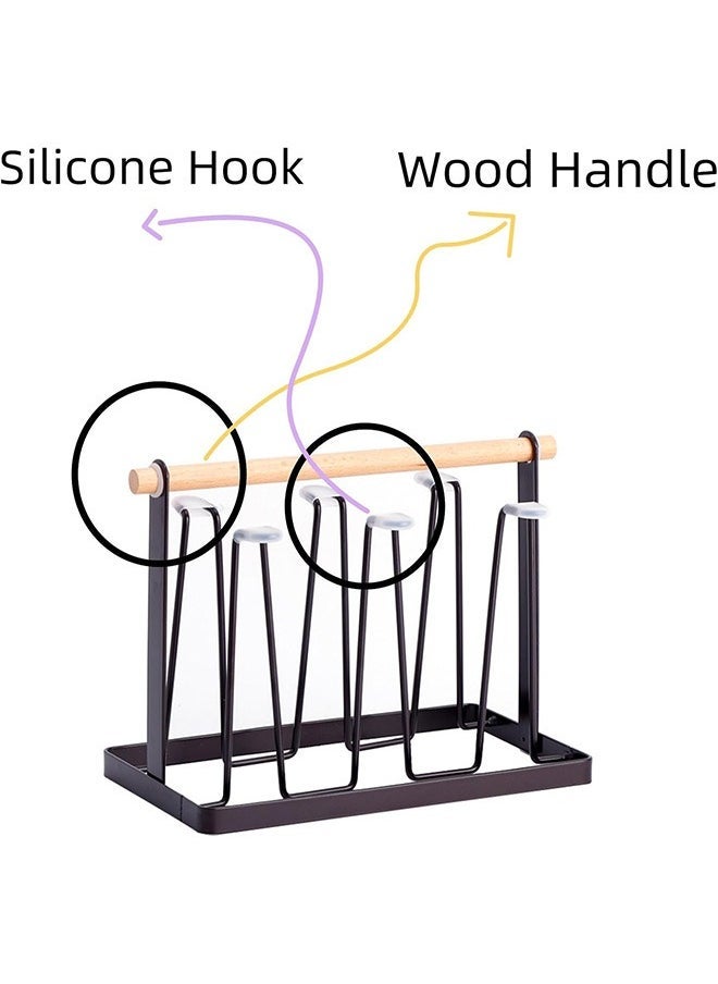 Hihonor Cup Drying Rack Stand with 6 Silicone Protective Hooks, Wooden Handle Metal Cup Coffee Mug Organizer, Countertop Cup Holder for Bottle Glass Mug Home Office Cafe Bar (White)  - Image 2