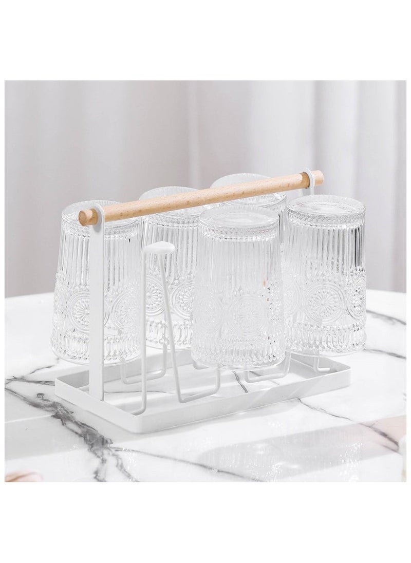 Hihonor Cup Drying Rack Stand with 6 Silicone Protective Hooks, Wooden Handle Metal Cup Coffee Mug Organizer, Countertop Cup Holder for Bottle Glass Mug Home Office Cafe Bar (White)  - Image 1