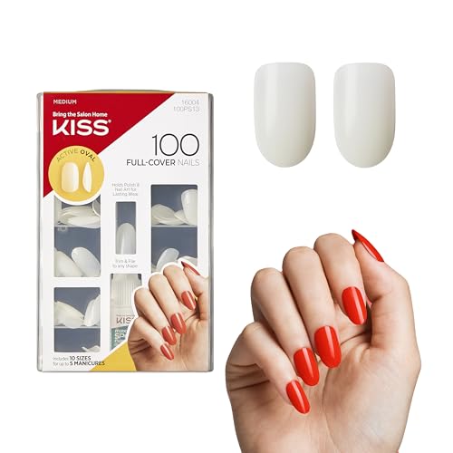 KISS 100 Full-Cover Nails, Press-On Nails, Nail glue included, 'Active Oval' Shape, Clear, Medium Size, Oval Shape, Includes 100 Nails, 3g Maximum Speed Nail Glue - Image 1