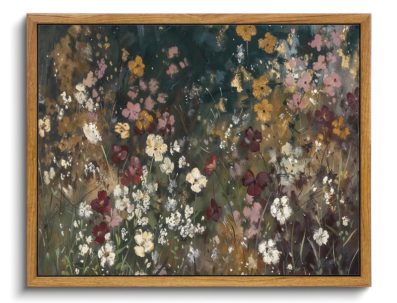 KISSFOX Vintage Framed Wall Art Decor Moody Wildflower Pictures Wall Decor Rustic Floral Canvas Art Prints Natural Modern Farmhouse Paintings Artwork For Bedroom Living Room - Image 1