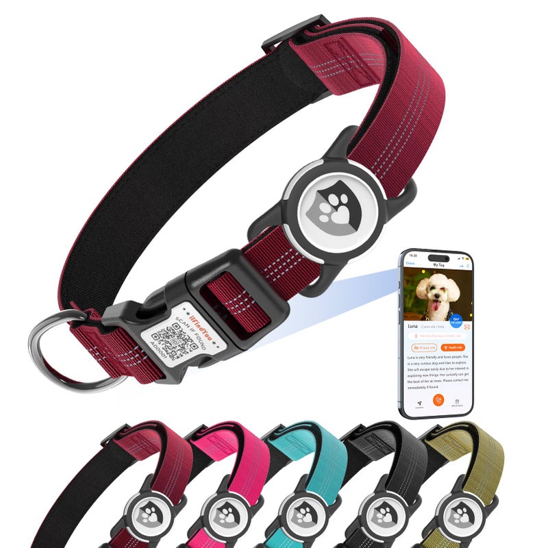طوق عاكس للكلاب من ilFindYou مع حامل AirTag للكلاب الكبيرة، مصنوع من النايلون الناعم، لون عنابي، مقاس كبير (L). - Image 1