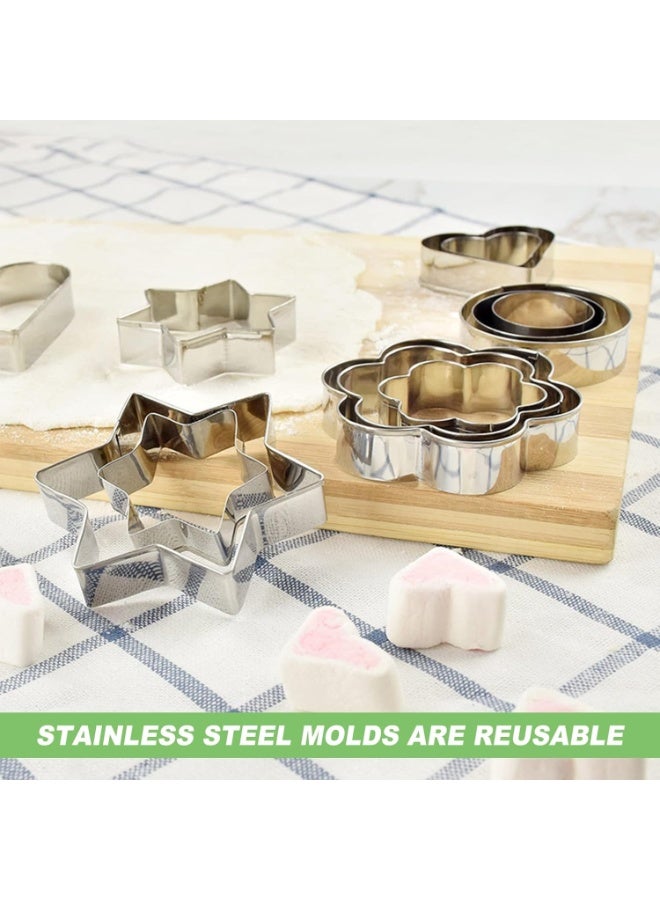 هابي هوم قطاعة بسكويت (12 قطعة) مجموعة قوالب معدنية قاطعة للكيك والخضروات والفواكه والبسكويت، قوالب من الستانلس ستيل باشكال قلب ونجمة ودائرة ووردة - Image 2