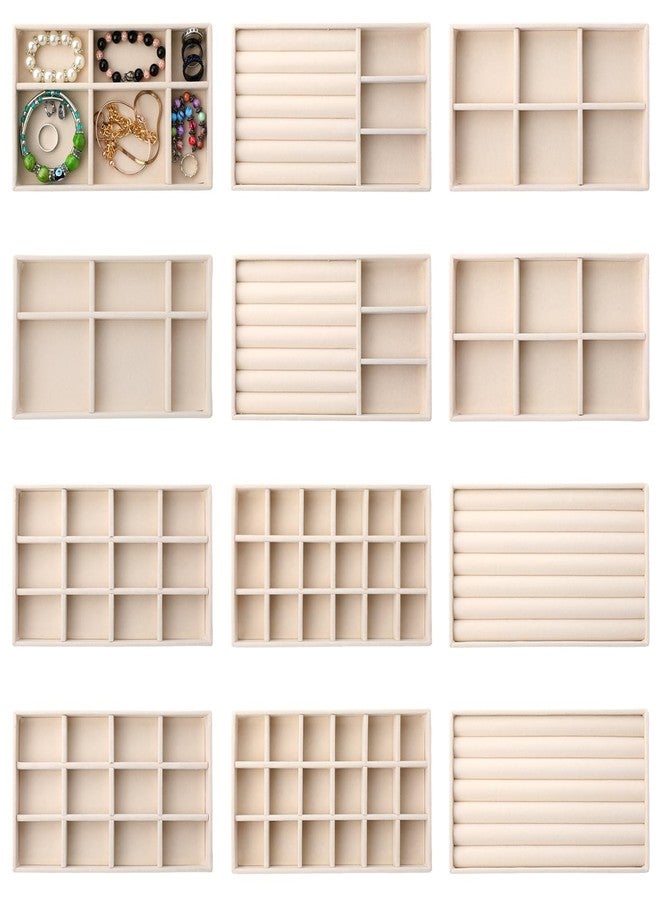 Inbagi 12 Pcs Small Velvet Jewelry Tray Stackable Jewelry Organizer Drawers Insert Divided Storage Display Trays for Earring Ring Brooch Watch Necklace Bracelet 8.3 x 5 x 1 Inches - Image 1