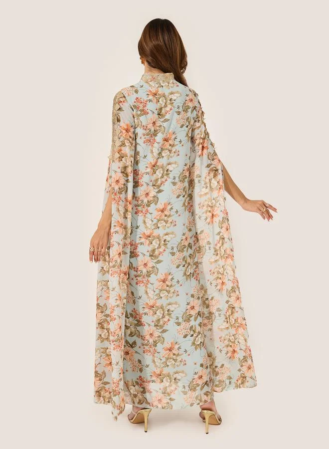 Styli All-Over Floral Print V-Neck Lace Insert Kaftan