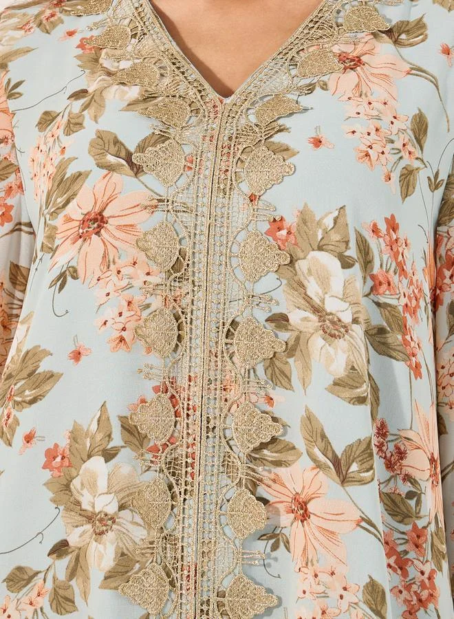 Styli All-Over Floral Print V-Neck Lace Insert Kaftan
