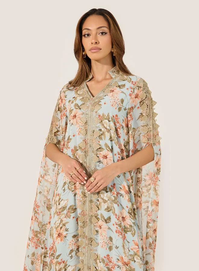 Styli All-Over Floral Print V-Neck Lace Insert Kaftan