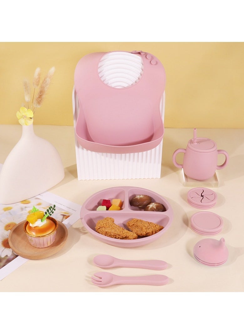 Children's Silicone Tableware Set Baby Food Tray Tableware (Tray + Saliva Pocket) Purple Two-Piece SetC - Image 2