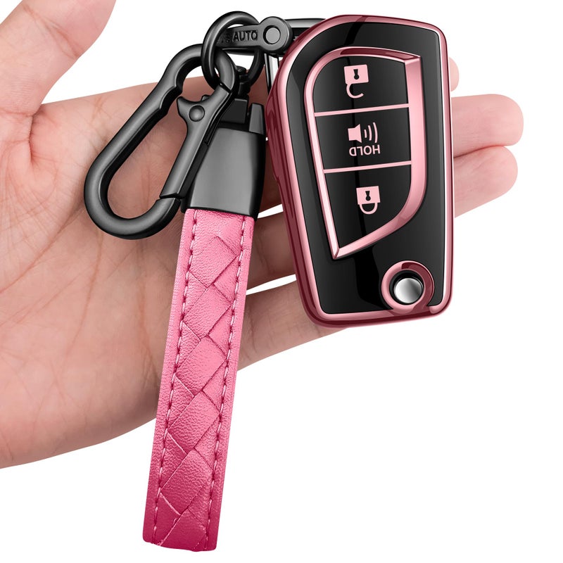 Sindeda for Toyota Key Fob Cover with Keychain Soft Full Protection Case Compatible with 2019-2025 RAV4 LE 2018-2024 Camry LE/SE, 2017-2025 Corolla LE/SE 2018-2022 C-HR LE (3 Buttons, Pink) - Image 1