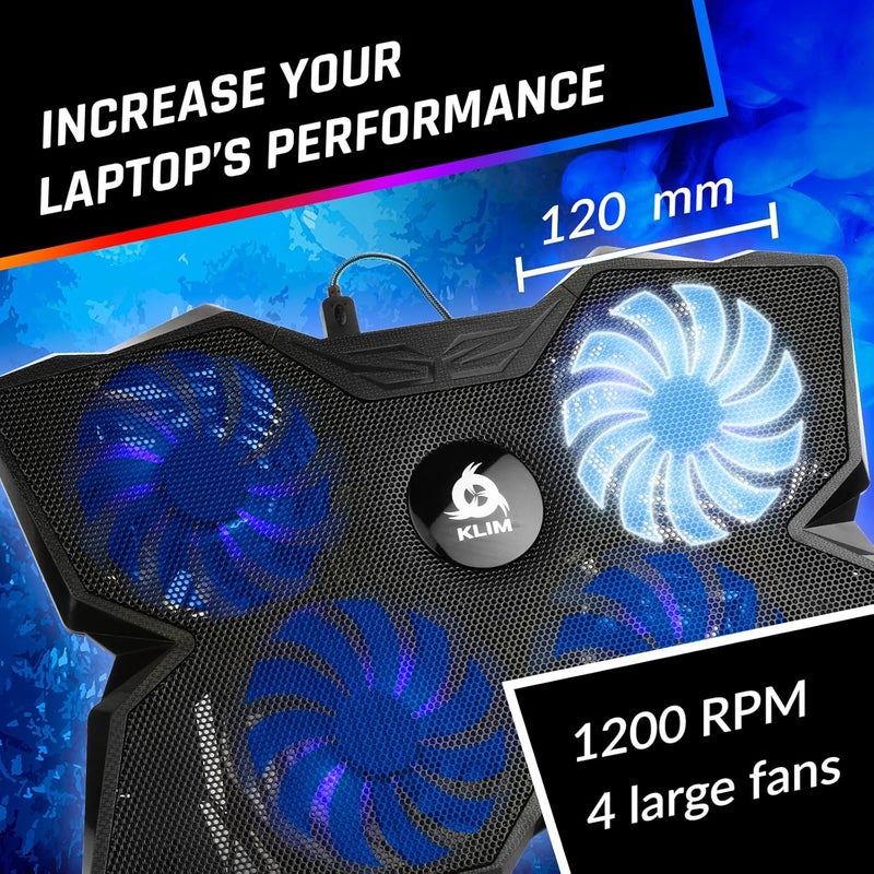 KLIM Wind Laptop Cooling Pad - More Than 500 000 Units Sold - New Version - The Most Powerful Rapid Action Cooling Fan - Laptop Stand with 4 Cooling Fans at 1200 RPM - USB Fan - PS5 PS4 - Blue - Image 3