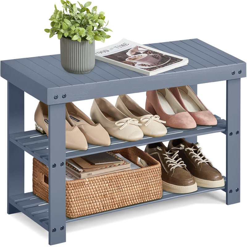 SONGMICS Shoe Rack Bench, 3-Tier Bamboo Shoe Storage Organizer, Entryway Bench, Holds Up to 286 lb, 11.3 x 27.6 x 17.8 Inches, for Entryway Bathroom Bedroom, Grey ULBS04GY - Image 1