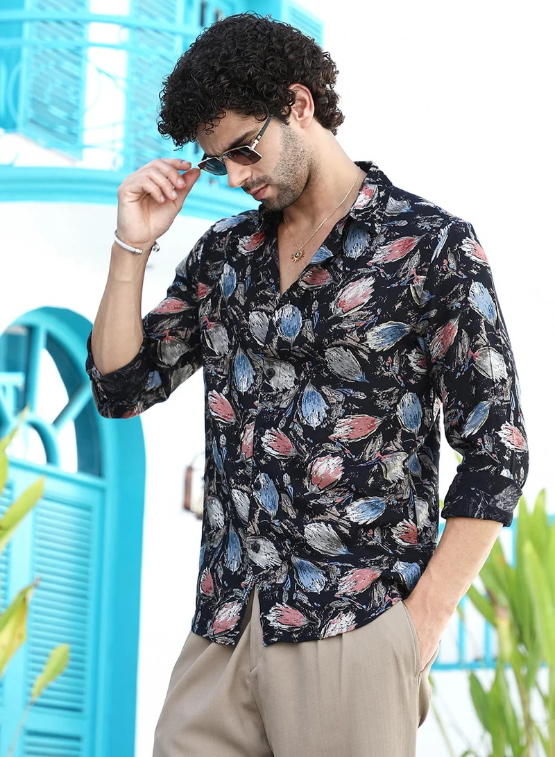 كامبوس سوترا Campus Sutra Men's Onyx Black Bloom-Traces Regular Shirt For Casual Wear | Spread Collar | Long Cuffed Sleeves | Button Closure | Shirt Crafted With Comfort Fit For Everyday Wear
