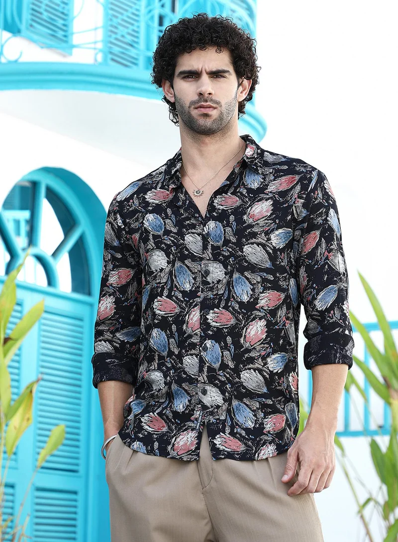 كامبوس سوترا Campus Sutra Men's Onyx Black Bloom-Traces Regular Shirt For Casual Wear | Spread Collar | Long Cuffed Sleeves | Button Closure | Shirt Crafted With Comfort Fit For Everyday Wear
