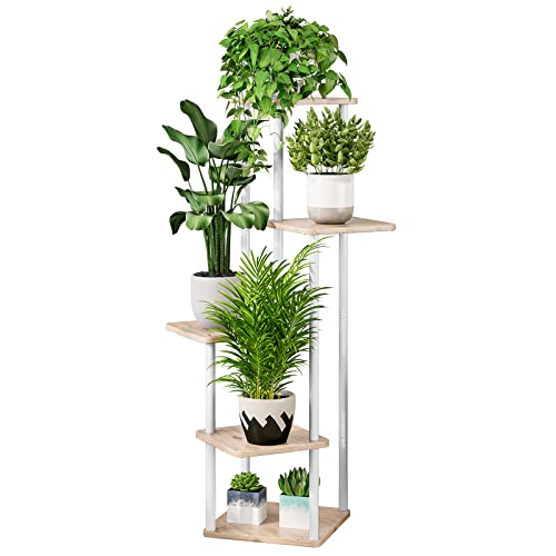 AZERPIAN Plant Stand 5 Tier Indoor Metal Flower Shelf for Multiple Plants Corner Tall Flower Holders for Patio Garden Living Room Balcony Bedroom, Black (5 Tier-White) - Image 1