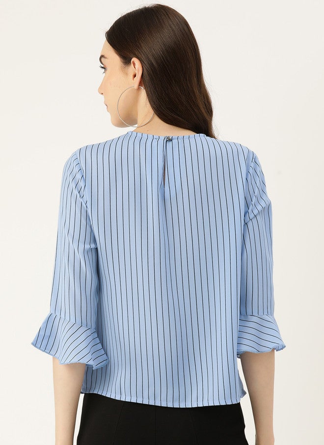 Rue Collection Blue Striped Flared Sleeve Top for Women - Image 4