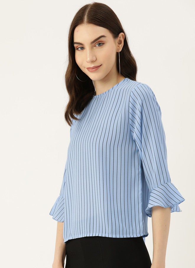 Rue Collection Blue Striped Flared Sleeve Top for Women - Image 3