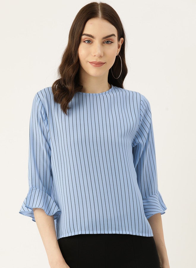 Rue Collection Blue Striped Flared Sleeve Top for Women - Image 1