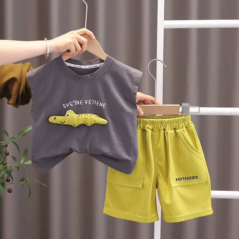 Korean version of summer new childrens baby boy dinosaur vest casual shorts set casual sportswear factory direct sales Dark gray 