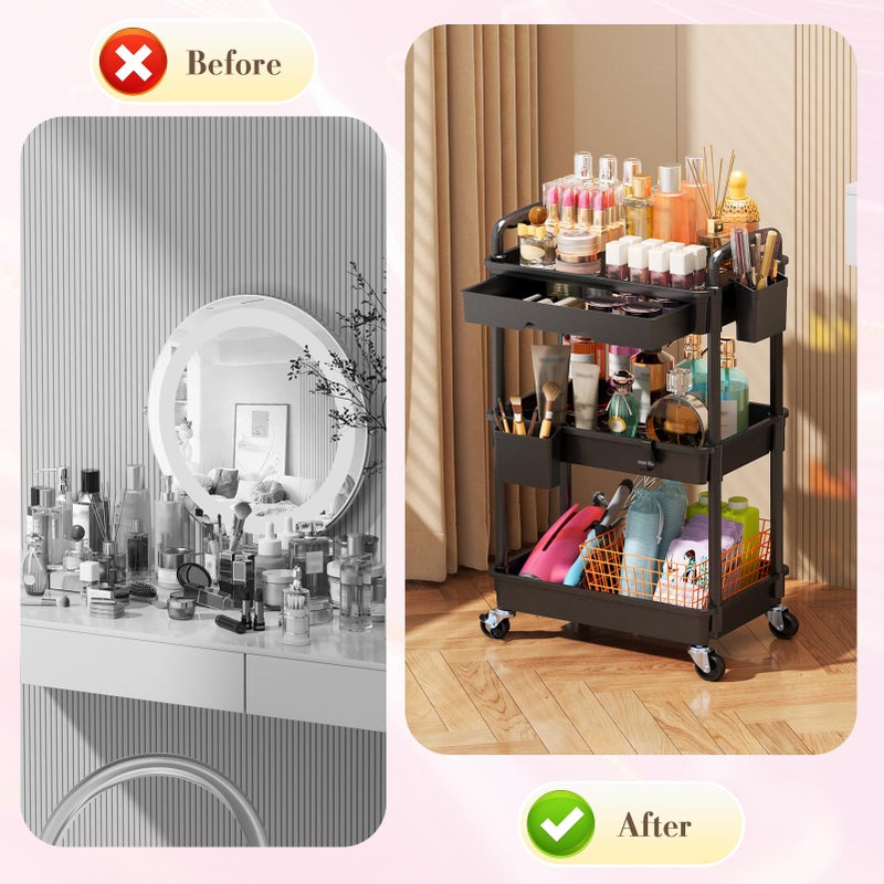 SUNALLY Makeup Cart Organizer with Drawers, Floor Skincare Organizers Vanity Storage Organizer, Rolling Makeup Bathroom Storage Cart Cosmetics Display Cases for Skin Care Perfume Nail Polish, Black - Image 5