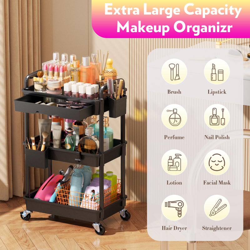 SUNALLY Makeup Cart Organizer with Drawers, Floor Skincare Organizers Vanity Storage Organizer, Rolling Makeup Bathroom Storage Cart Cosmetics Display Cases for Skin Care Perfume Nail Polish, Black - Image 4