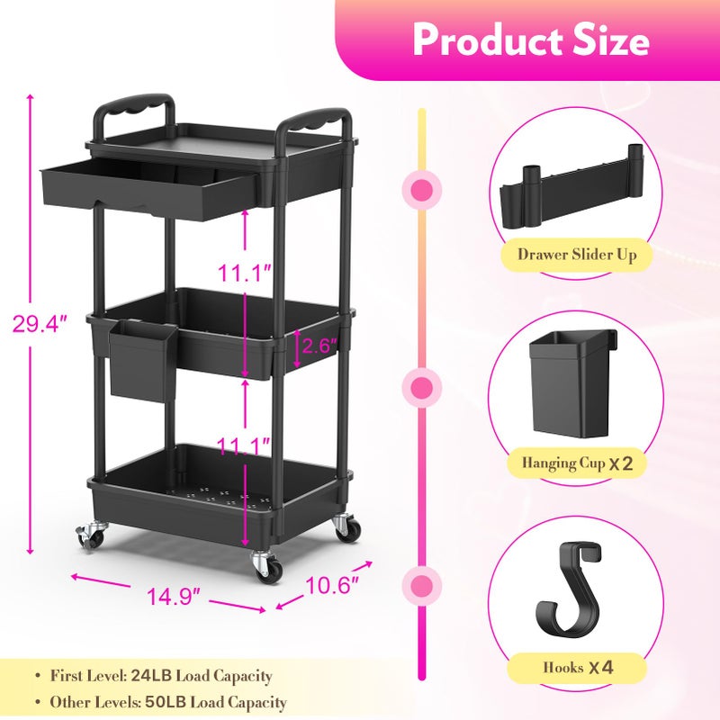 SUNALLY Makeup Cart Organizer with Drawers, Floor Skincare Organizers Vanity Storage Organizer, Rolling Makeup Bathroom Storage Cart Cosmetics Display Cases for Skin Care Perfume Nail Polish, Black - Image 2